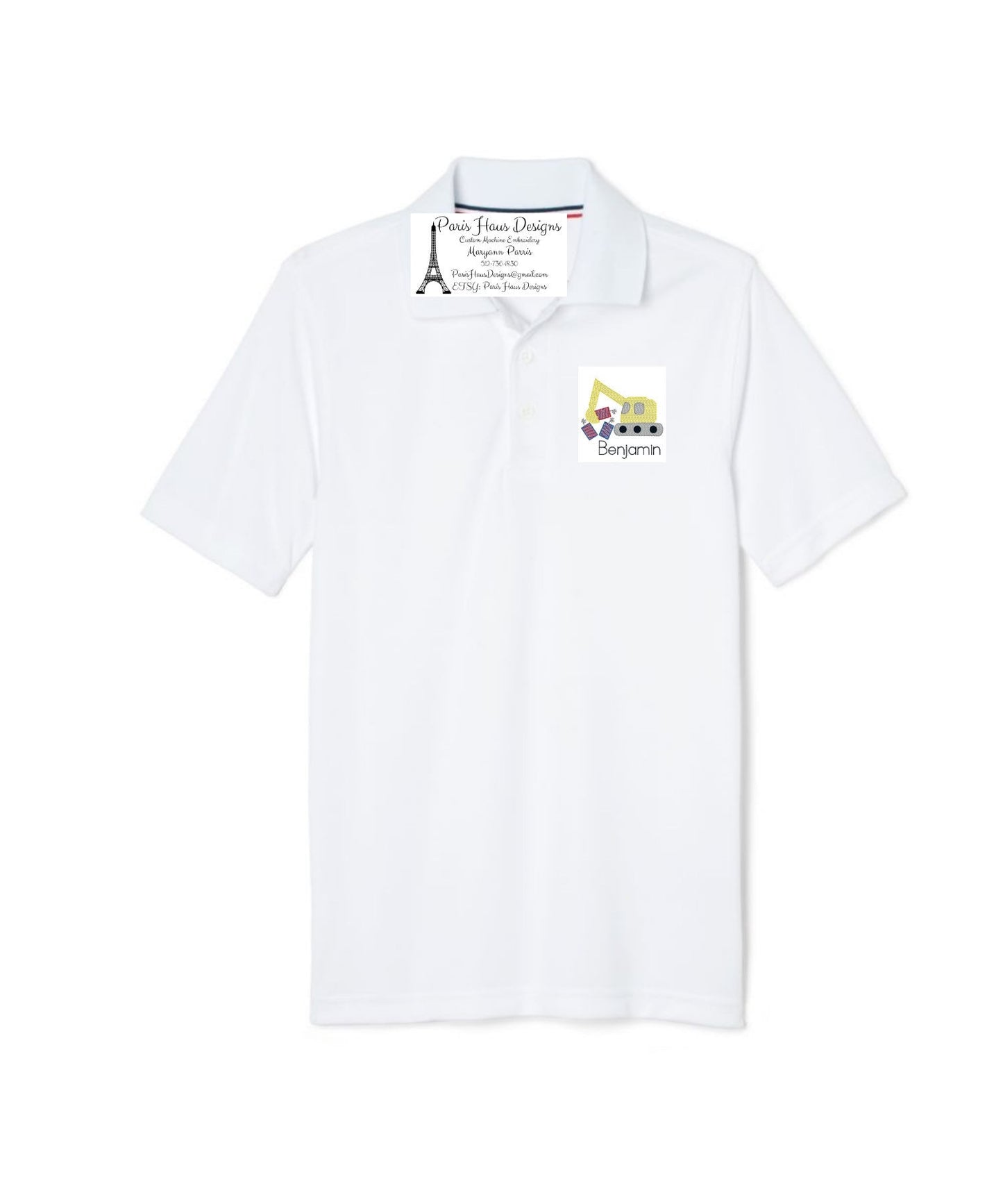 Boys Excavator Fireworks and Monogram Polo Design