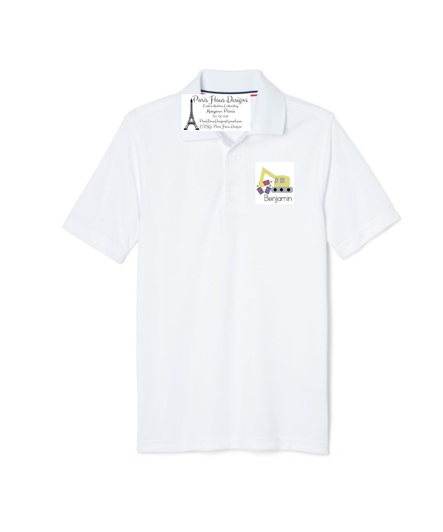 Boys Excavator Fireworks and Monogram Polo Design