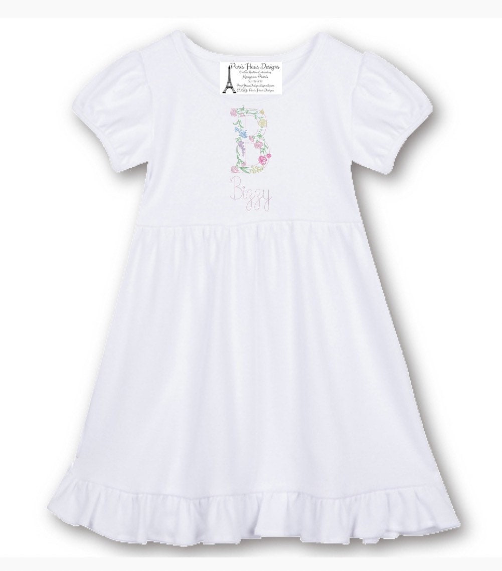 Girls Flower Outline Monogram Dress