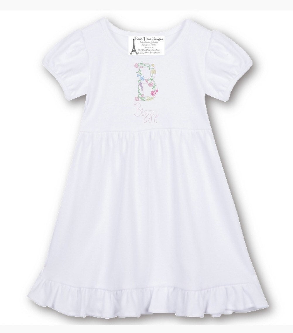 Girls Flower Outline Monogram Dress