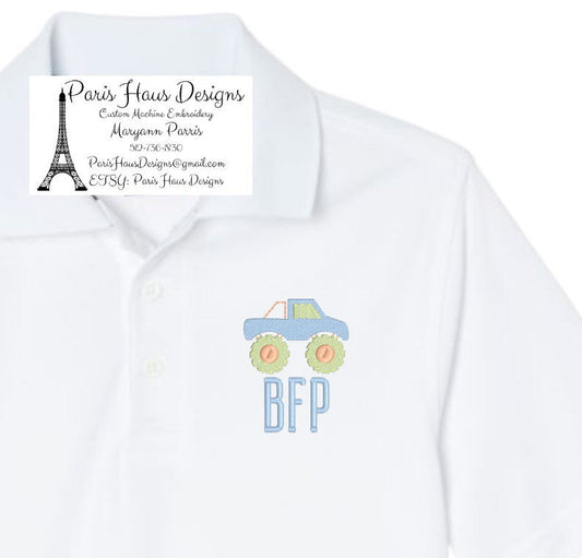 Boys Monster Truck Monogram Polo Design